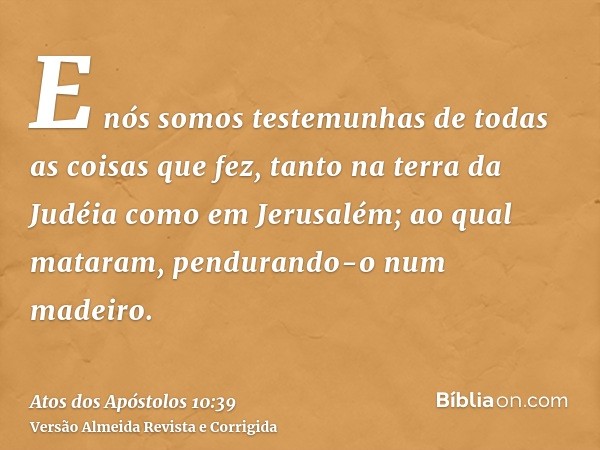 E nós somos testemunhas de todas as coisas que fez, tanto na terra da Judéia como em Jerusalém; ao qual mataram, pendurando-o num madeiro.