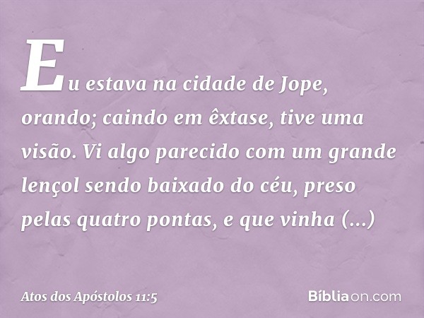 "Eu estava na cidade de Jope, orando; caindo em êxtase, tive uma visão. Vi algo parecido com um grande lençol sendo baixado do céu, preso pelas quatro pontas, e