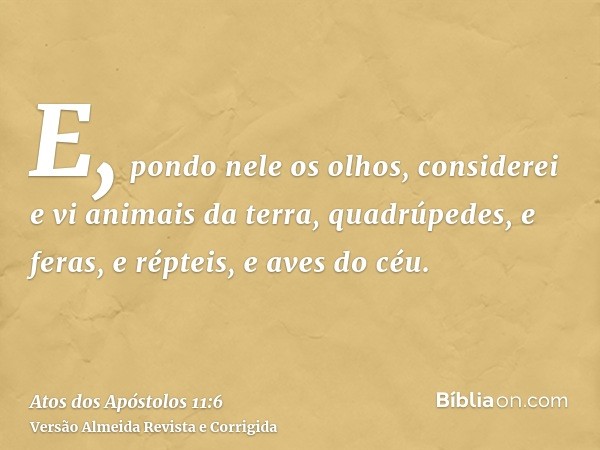 E, pondo nele os olhos, considerei e vi animais da terra, quadrúpedes, e feras, e répteis, e aves do céu.