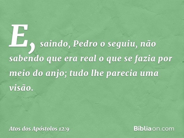 E, saindo, Pedro o seguiu, não sabendo que era real o que se fazia por meio do anjo; tudo lhe parecia uma visão. -- Atos dos Apóstolos 12:9