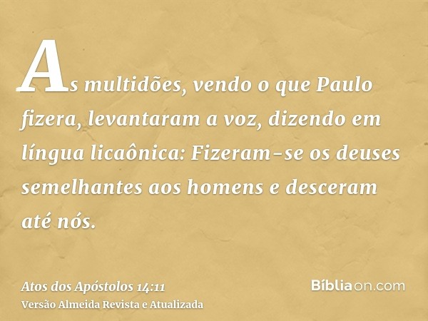 As multidões, vendo o que Paulo fizera, levantaram a voz, dizendo em língua licaônica: Fizeram-se os deuses semelhantes aos homens e desceram até nós.