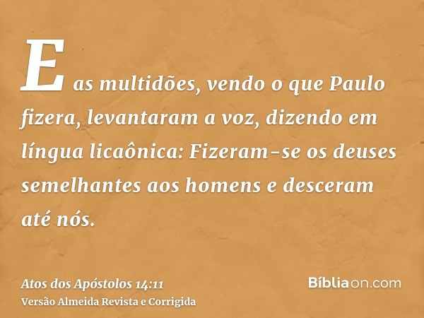 E as multidões, vendo o que Paulo fizera, levantaram a voz, dizendo em língua licaônica: Fizeram-se os deuses semelhantes aos homens e desceram até nós.