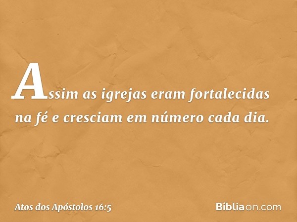 Assim as igrejas eram fortalecidas na fé e cresciam em número cada dia. -- Atos dos Apóstolos 16:5