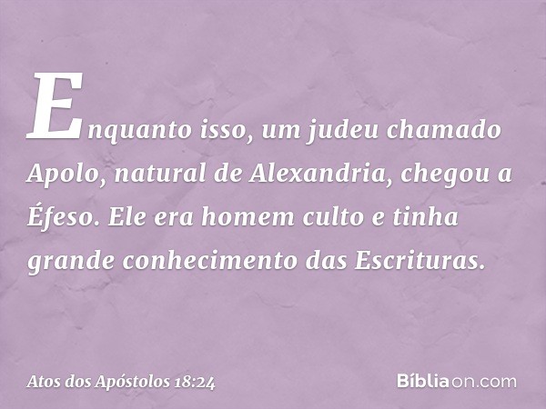 Enquanto isso, um judeu chamado Apolo, natural de Alexandria, chegou a Éfeso. Ele era homem culto e tinha grande conhecimento das Escrituras. -- Atos dos Apósto