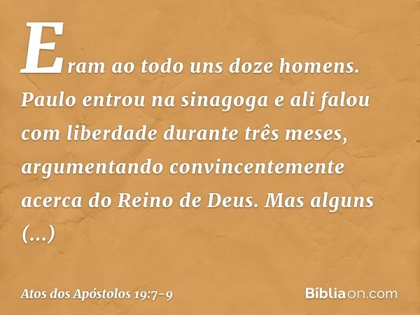 Eram ao todo uns doze homens. Paulo entrou na sinagoga e ali falou com liberdade durante três meses, argumentando convincentemente acerca do Reino de Deus. Mas 
