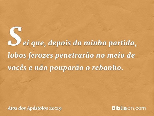 Sei que, depois da minha partida, lobos ferozes penetrarão no meio de vocês e não pouparão o rebanho. -- Atos dos Apóstolos 20:29