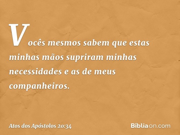 Vocês mesmos sabem que estas minhas mãos supriram minhas necessidades e as de meus companheiros. -- Atos dos Apóstolos 20:34