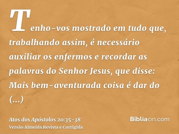 Tenho-vos mostrado em tudo que, trabalhando assim, é necessário auxiliar os enfermos e recordar as palavras do Senhor Jesus, que disse: Mais bem-aventurada cois