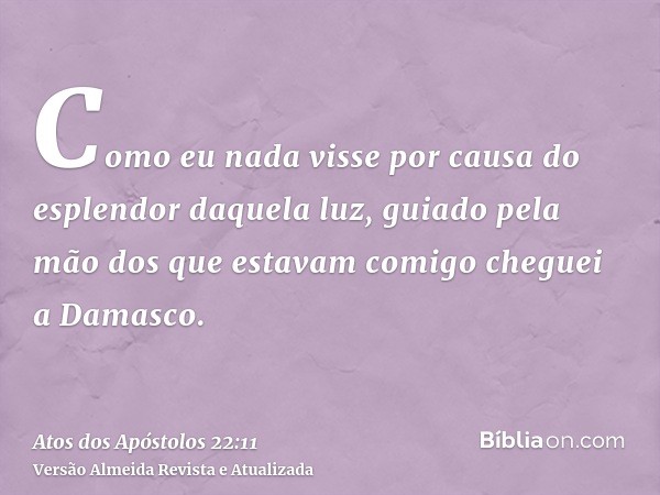 Como eu nada visse por causa do esplendor daquela luz, guiado pela mão dos que estavam comigo cheguei a Damasco.