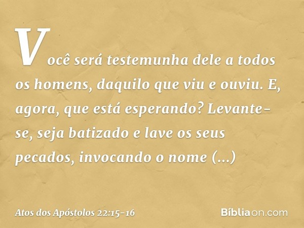 Você será testemunha dele a todos os homens, daquilo que viu e ouviu. E, agora, que está esperando? Levante-se, seja batizado e lave os seus pecados, invocando 