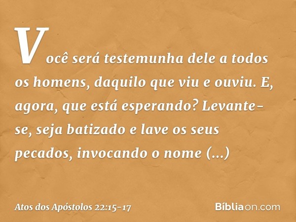 Você será testemunha dele a todos os homens, daquilo que viu e ouviu. E, agora, que está esperando? Levante-se, seja batizado e lave os seus pecados, invocando 