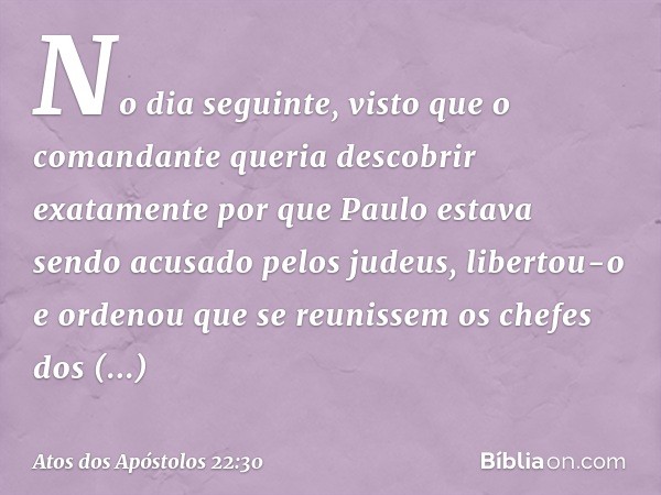 No dia seguinte, visto que o comandante queria descobrir exatamente por que Paulo estava sendo acusado pelos judeus, libertou-o e ordenou que se reunissem os ch