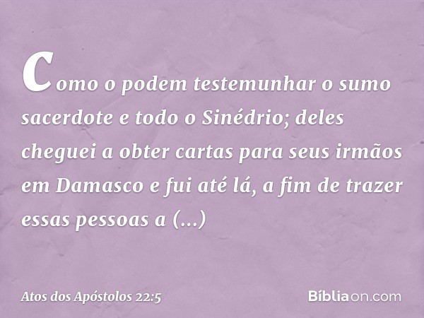 como o podem testemunhar o sumo sacerdote e todo o Sinédrio; deles cheguei a obter cartas para seus irmãos em Damasco e fui até lá, a fim de trazer essas pessoa