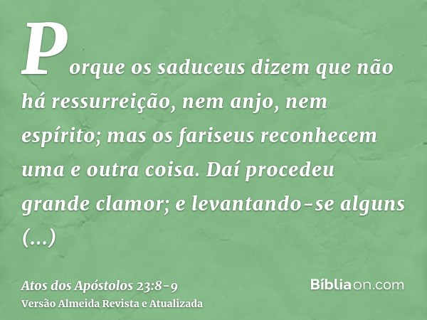 Porque os saduceus dizem que não há ressurreição, nem anjo, nem espírito; mas os fariseus reconhecem uma e outra coisa.Daí procedeu grande clamor; e levantando-
