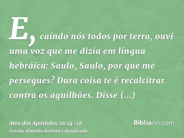 E, caindo nós todos por terra, ouvi uma voz que me dizia em língua hebráica: Saulo, Saulo, por que me persegues? Dura coisa te é recalcitrar contra os aguilhões