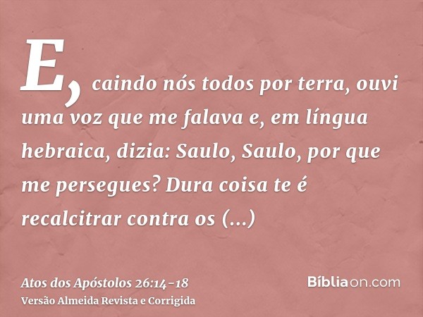 E, caindo nós todos por terra, ouvi uma voz que me falava e, em língua hebraica, dizia: Saulo, Saulo, por que me persegues? Dura coisa te é recalcitrar contra o