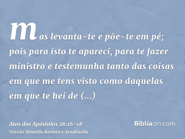 mas levanta-te e põe-te em pé; pois para isto te apareci, para te fazer ministro e testemunha tanto das coisas em que me tens visto como daquelas em que te hei 