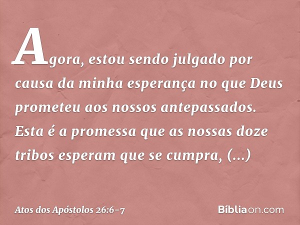 Agora, estou sendo julgado por causa da minha esperança no que Deus prometeu aos nossos antepassados. Esta é a promessa que as nossas doze tribos esperam que se