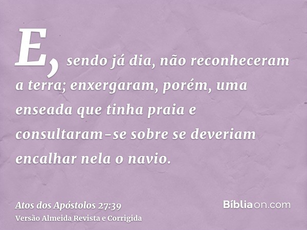 E, sendo já dia, não reconheceram a terra; enxergaram, porém, uma enseada que tinha praia e consultaram-se sobre se deveriam encalhar nela o navio.