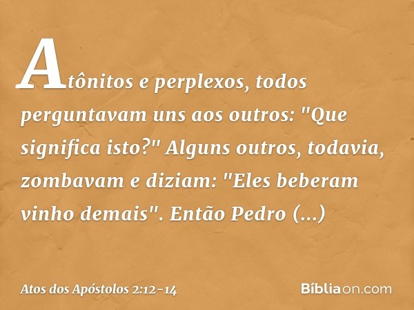 Atônitos e perplexos, todos perguntavam uns aos outros: "Que significa isto?" Alguns outros, todavia, zombavam e diziam: "Eles beberam vinho demais". Então Pedr