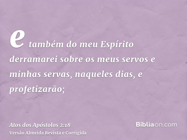 e também do meu Espírito derramarei sobre os meus servos e minhas servas, naqueles dias, e profetizarão;