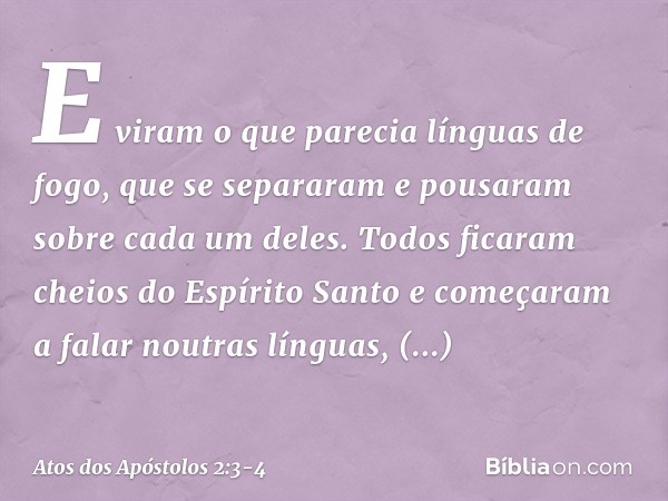 E viram o que parecia línguas de fogo, que se separaram e pousaram sobre cada um deles. Todos ficaram cheios do Espírito Santo e começaram a falar noutras língu