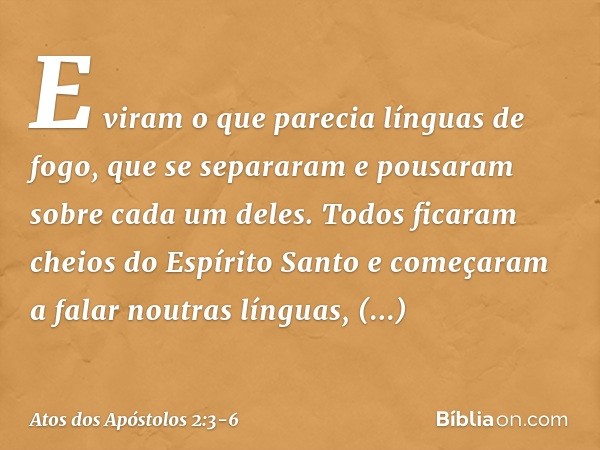 E viram o que parecia línguas de fogo, que se separaram e pousaram sobre cada um deles. Todos ficaram cheios do Espírito Santo e começaram a falar noutras língu