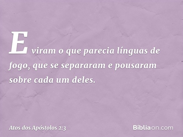 E viram o que parecia línguas de fogo, que se separaram e pousaram sobre cada um deles. -- Atos dos Apóstolos 2:3