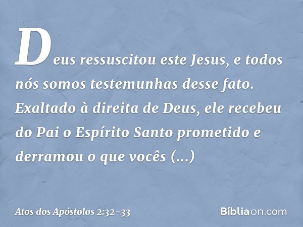 Deus ressuscitou este Jesus, e todos nós somos testemunhas desse fato. Exaltado à direita de Deus, ele recebeu do Pai o Espírito Santo prometido e derramou o qu