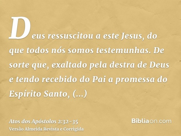 Deus ressuscitou a este Jesus, do que todos nós somos testemunhas.De sorte que, exaltado pela destra de Deus e tendo recebido do Pai a promessa do Espírito Sant