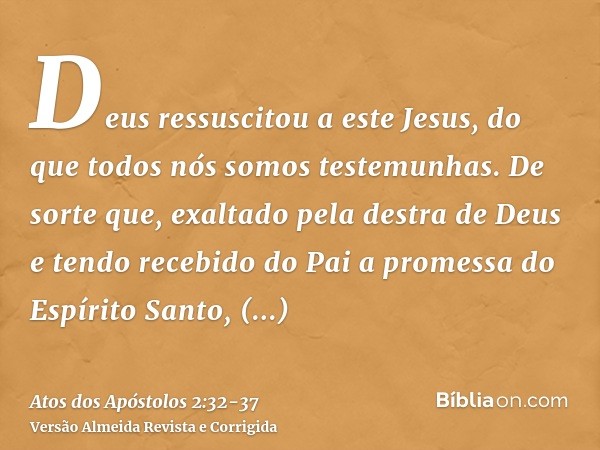 Deus ressuscitou a este Jesus, do que todos nós somos testemunhas.De sorte que, exaltado pela destra de Deus e tendo recebido do Pai a promessa do Espírito Sant