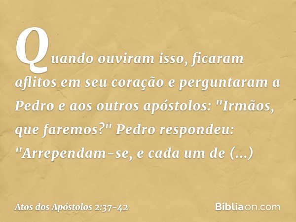 Quando ouviram isso, ficaram aflitos em seu coração e perguntaram a Pedro e aos outros apóstolos: "Irmãos, que faremos?" Pedro respondeu: "Arrependam-se, e cada