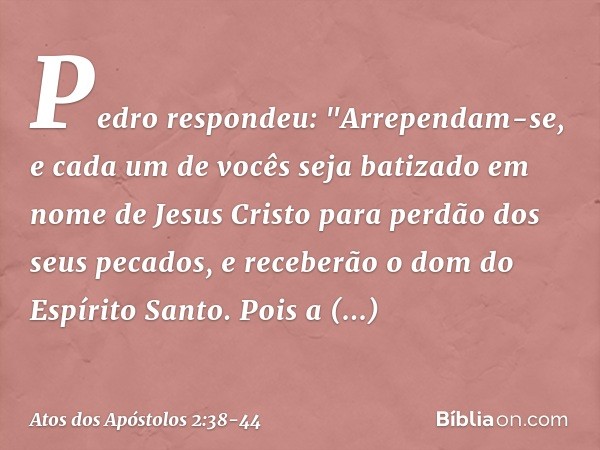 Pedro respondeu: "Arrependam-se, e cada um de vocês seja batizado em nome de Jesus Cristo para perdão dos seus pecados, e receberão o dom do Espírito Santo. Poi