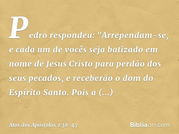 Pedro respondeu: "Arrependam-se, e cada um de vocês seja batizado em nome de Jesus Cristo para perdão dos seus pecados, e receberão o dom do Espírito Santo. Poi