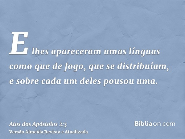 E lhes apareceram umas línguas como que de fogo, que se distribuíam, e sobre cada um deles pousou uma.