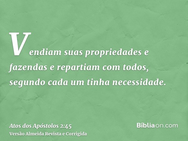 Vendiam suas propriedades e fazendas e repartiam com todos, segundo cada um tinha necessidade.