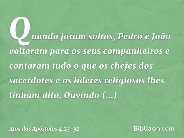 Quando foram soltos, Pedro e João voltaram para os seus companheiros e contaram tudo o que os chefes dos sacerdotes e os líderes religiosos lhes tinham dito. Ou
