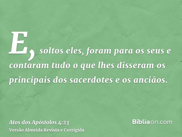 E, soltos eles, foram para os seus e contaram tudo o que lhes disseram os principais dos sacerdotes e os anciãos.