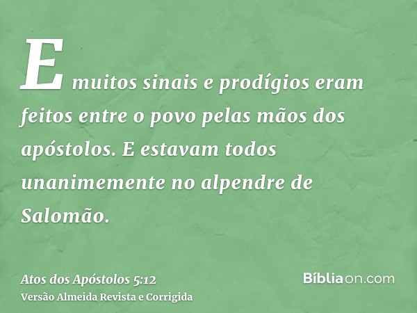 E muitos sinais e prodígios eram feitos entre o povo pelas mãos dos apóstolos. E estavam todos unanimemente no alpendre de Salomão.