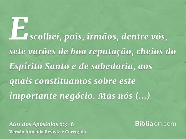 Escolhei, pois, irmãos, dentre vós, sete varões de boa reputação, cheios do Espírito Santo e de sabedoria, aos quais constituamos sobre este importante negócio.