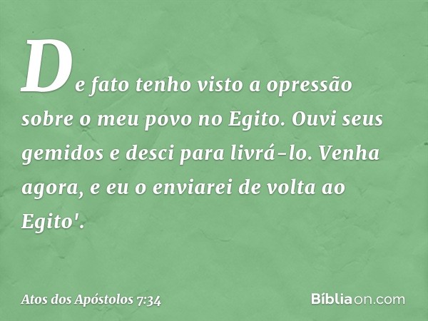 De fato tenho visto a opressão sobre o meu povo no Egito. Ouvi seus gemidos e desci para livrá-lo. Venha agora, e eu o enviarei de volta ao Egito'. -- Atos dos 