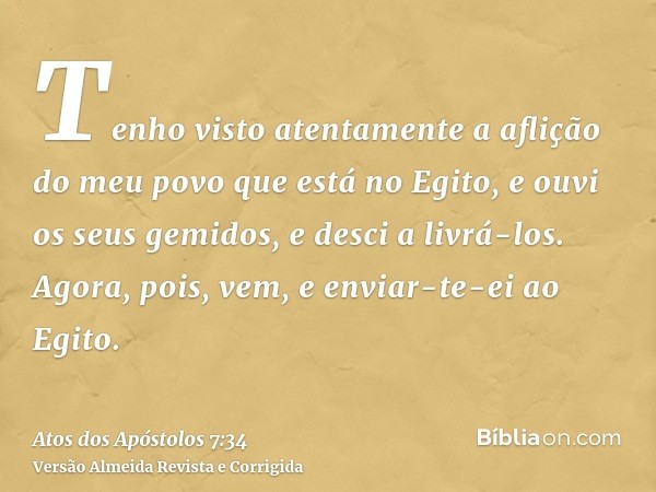 Tenho visto atentamente a aflição do meu povo que está no Egito, e ouvi os seus gemidos, e desci a livrá-los. Agora, pois, vem, e enviar-te-ei ao Egito.