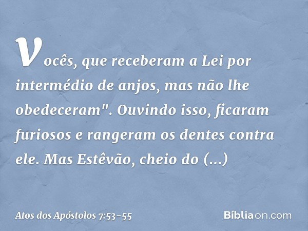vocês, que receberam a Lei por intermédio de anjos, mas não lhe obedeceram". Ouvindo isso, ficaram furiosos e rangeram os dentes contra ele. Mas Estêvão, cheio 