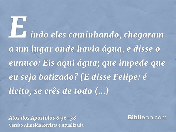 E indo eles caminhando, chegaram a um lugar onde havia água, e disse o eunuco: Eis aqui água; que impede que eu seja batizado?[E disse Felipe: é lícito, se crês