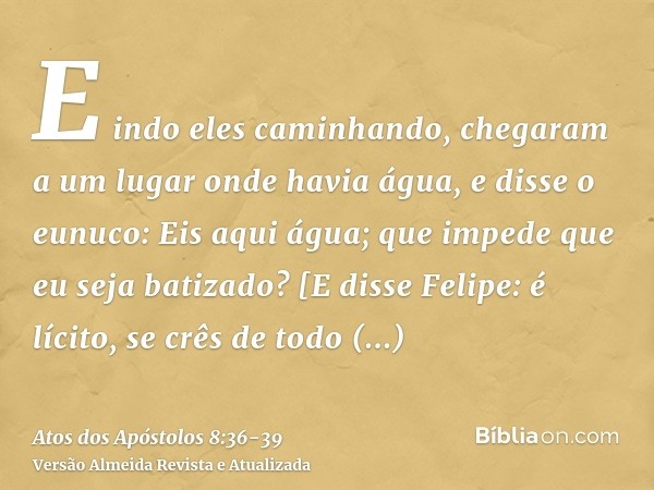 E indo eles caminhando, chegaram a um lugar onde havia água, e disse o eunuco: Eis aqui água; que impede que eu seja batizado?[E disse Felipe: é lícito, se crês