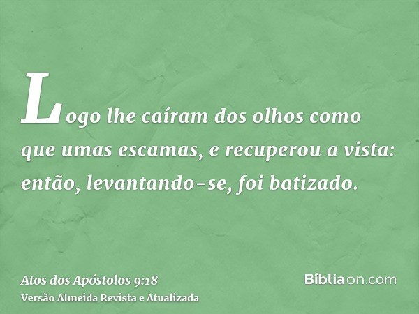 Logo lhe caíram dos olhos como que umas escamas, e recuperou a vista: então, levantando-se, foi batizado.