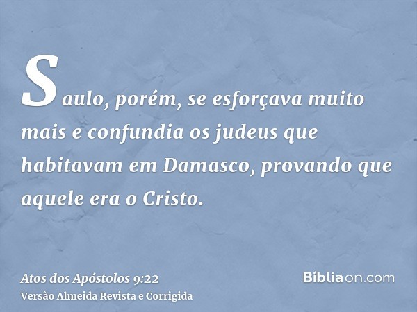 Saulo, porém, se esforçava muito mais e confundia os judeus que habitavam em Damasco, provando que aquele era o Cristo.