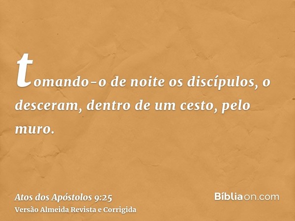 tomando-o de noite os discípulos, o desceram, dentro de um cesto, pelo muro.