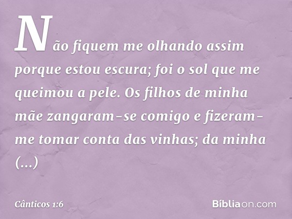 Não fiquem me olhando assim
porque estou escura;
foi o sol que me queimou a pele.
Os filhos de minha mãe
zangaram-se comigo
e fizeram-me tomar conta das vinhas;