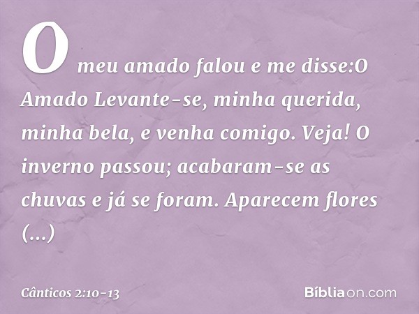 O meu amado falou e me disse:O Amado
Levante-se, minha querida,
minha bela, e venha comigo. Veja! O inverno passou;
acabaram-se as chuvas e já se foram. Aparece